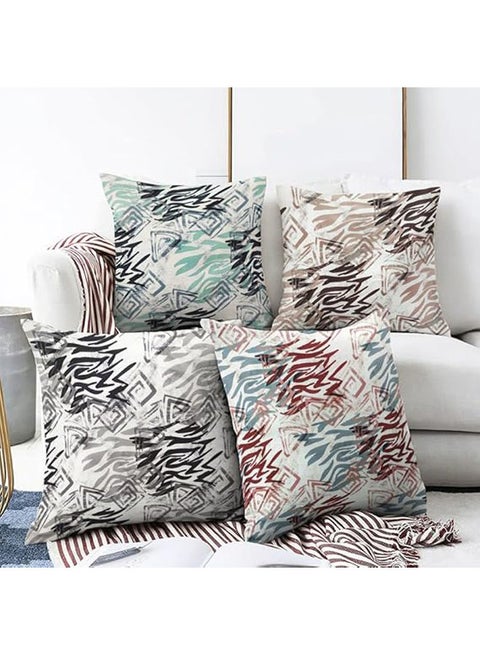 طقم غطاء وسادة مزخرف كتان مطبوع بتصميم ماريا مكون من 4 قطع