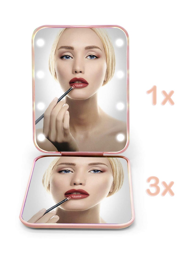 KHAJUL - 1X/3X Magnification LED Compact Travel Makeup Mirror, Pocket Mirror, Compact Mirror with Light, Purse Mirror, Distortion Free, Portable, Folding, Handheld, Small Lighted Compact Mirror for Gift (Pink) - Image 1