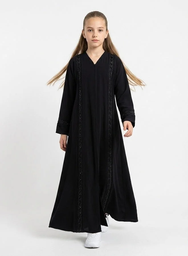 Hawraa Abaya Girls' Plain Black Wrap Abaya with Delicate Embellished Embroidery on the Sides and Sleeves