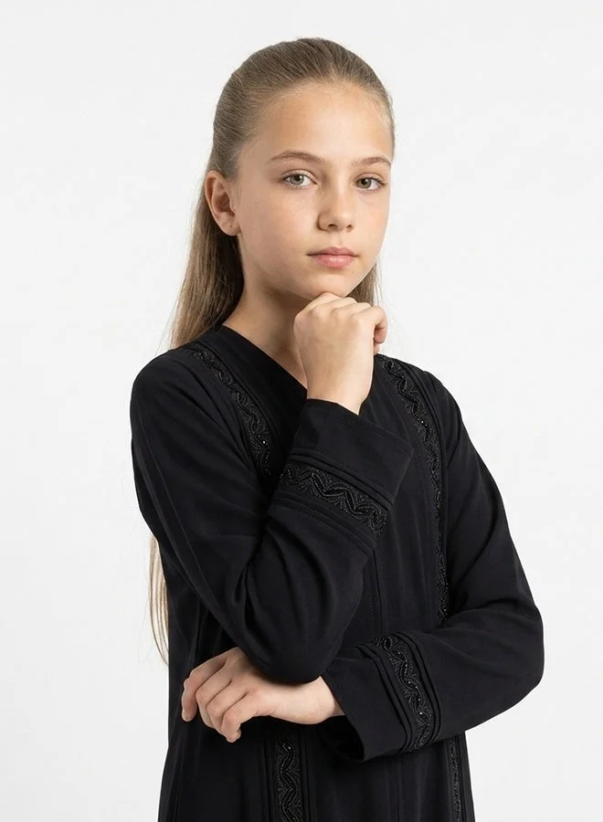 Hawraa Abaya Girls' Plain Black Wrap Abaya with Delicate Embellished Embroidery on the Sides and Sleeves