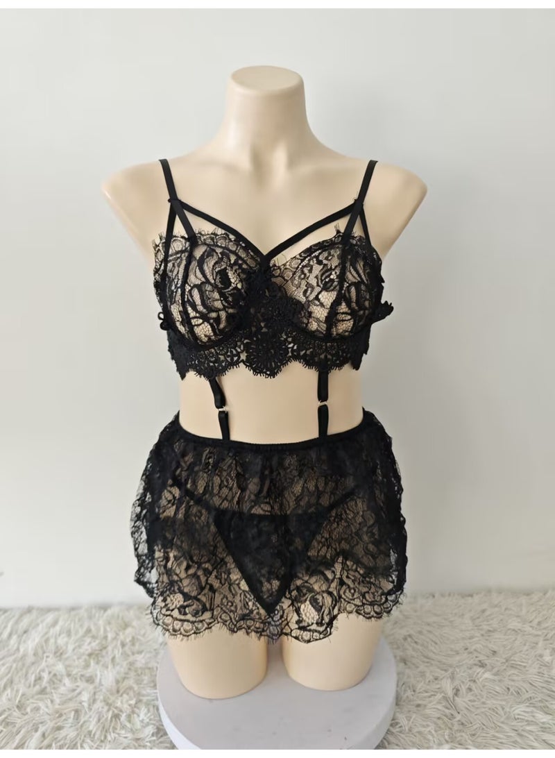 Floral Lace Lingerie Set - Caged Strap Bra + Sheer Lace Skirt