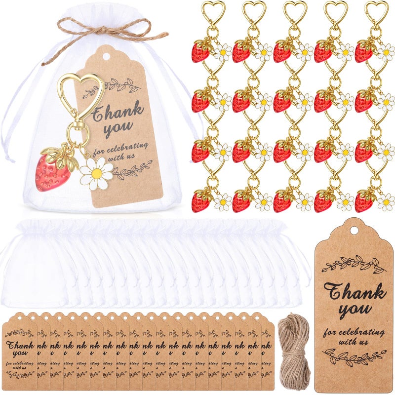 Nosiny 20 Set Strawberry Keychain Gifts Strawberry Party Favors with Thank You Tags Organza Bags Cute Heart Keychain with Daisy Flower Bag Charms Gifts for Guest Berry Sweet Baby Shower - Image 1