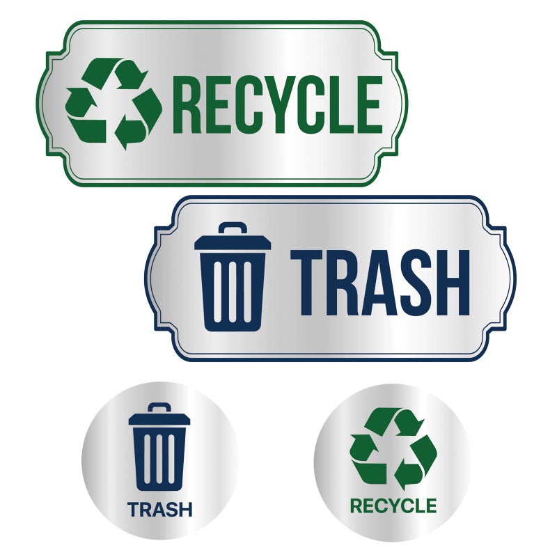 Trash and Recycle Stickers 4Piece Set Sorting Sign for Indoor Outdoor Use Waterproof Silver Finished SelfAdhesive Labels for Trash Can