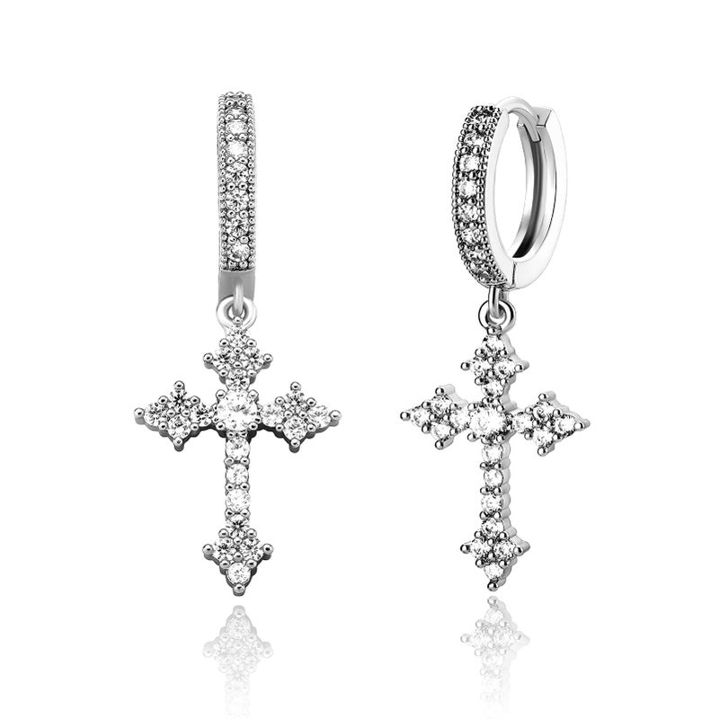 JINAO Cross Hoop Dangle Earrings 14K Gold Plated 5A+ Cubic Zirconia Cartilage Hypoallergenic Sterling Silver Cross Dangle Drop Earrings For Men Women-Hot Silver - Image 1