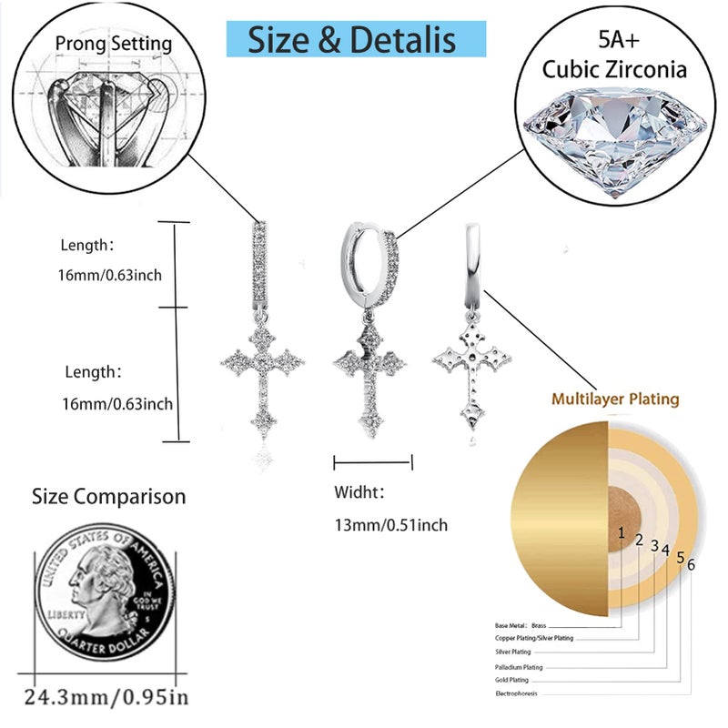 JINAO Cross Hoop Dangle Earrings 14K Gold Plated 5A+ Cubic Zirconia Cartilage Hypoallergenic Sterling Silver Cross Dangle Drop Earrings For Men Women-Hot Silver - Image 2
