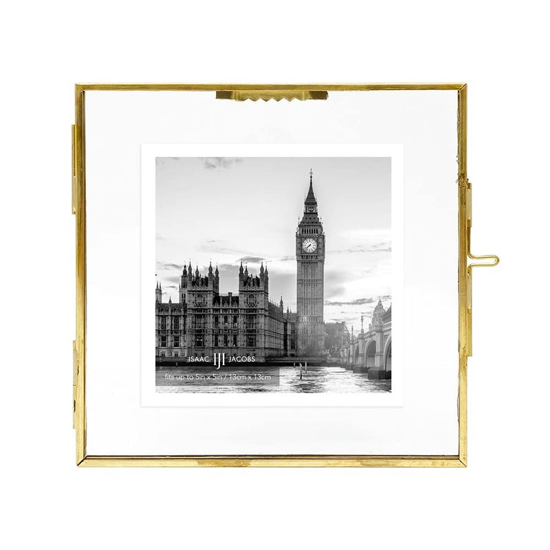 Isaac Jacobs 5x5 Antique Gold Vintage Style Brass and Glass Hanging Picture Frame WallMountable Floating Picture Frame wLocket Closure for Photos Wall Dcor Art  More 5x5 Antique Gold