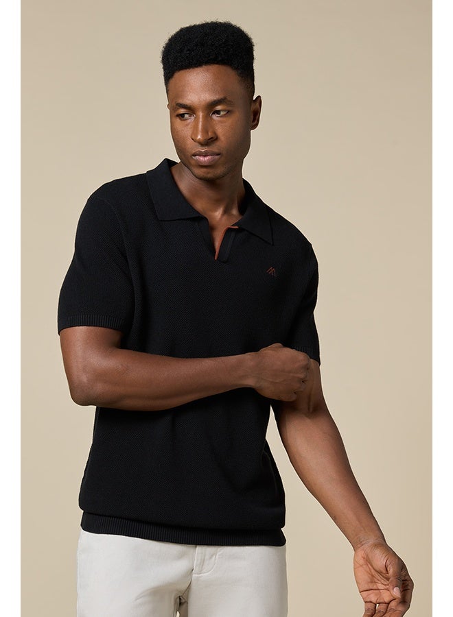 Mannerism The Shadow Cotton V-Neck Polo Jet Black Comfort Fit - Image 2