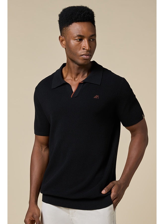 Mannerism The Shadow Cotton V-Neck Polo Jet Black Comfort Fit - Image 1