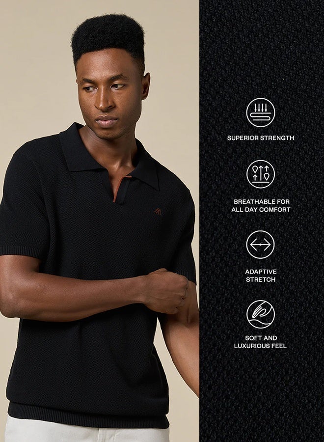 مانرزم The Shadow Cotton V-Neck Polo Jet Black Comfort Fit - Image 3