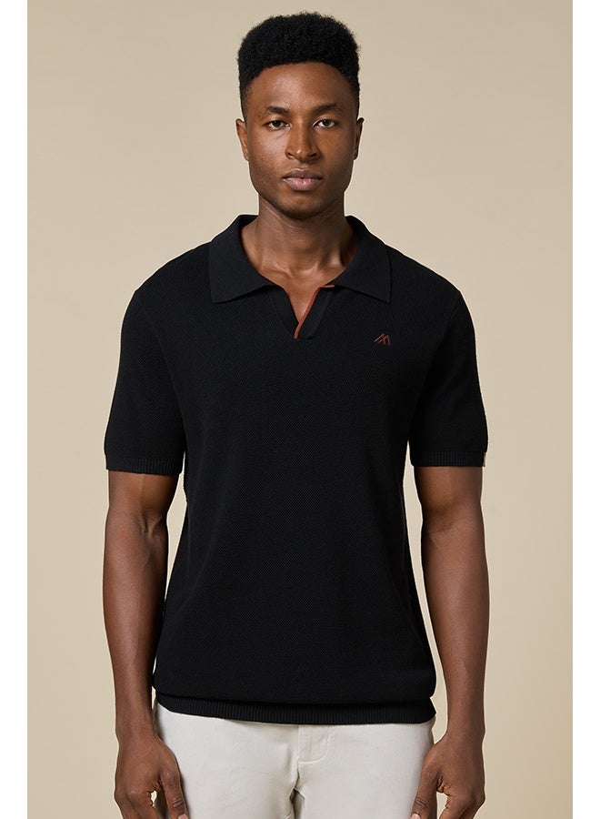 مانرزم The Shadow Cotton V-Neck Polo Jet Black Comfort Fit - Image 4