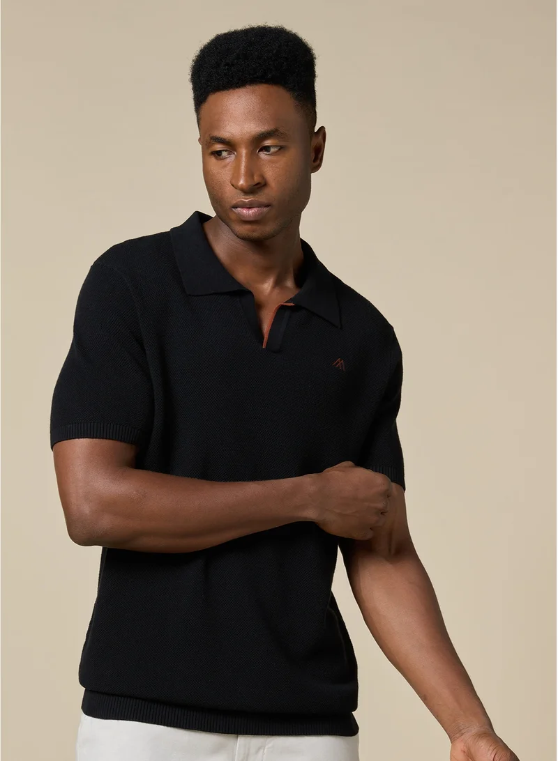 Mannerism The Shadow Cotton V-Neck Polo Jet Black Comfort Fit