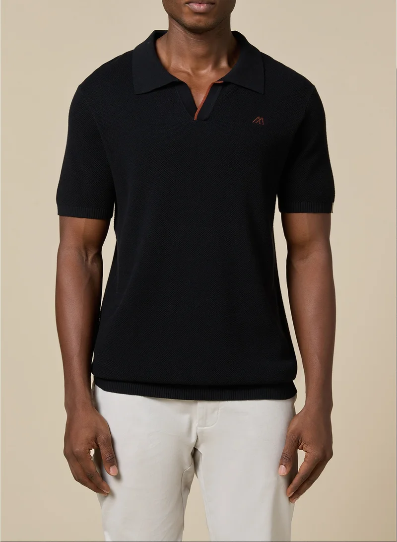 MANNERISM  The Shadow Cotton V-Neck Polo Jet Black Comfort Fit for Men | Best Price UAE