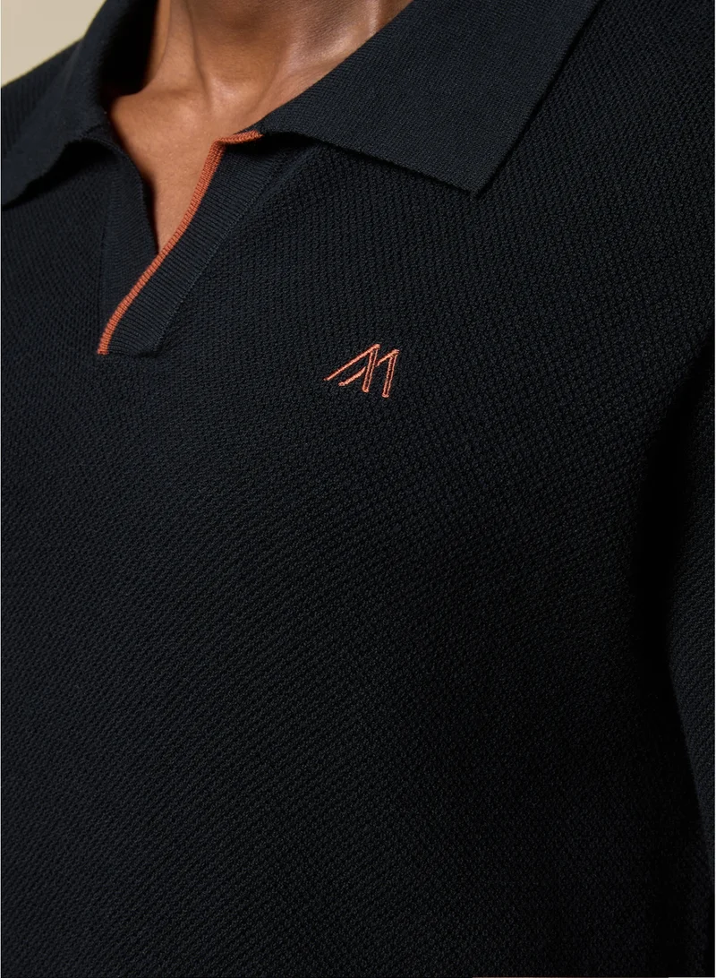 MANNERISM  The Shadow Cotton V-Neck Polo Jet Black Comfort Fit for Men | Best Price UAE
