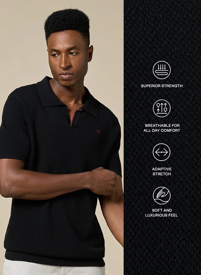 MANNERISM The Shadow Cotton V-Neck Polo Jet Black Comfort Fit
