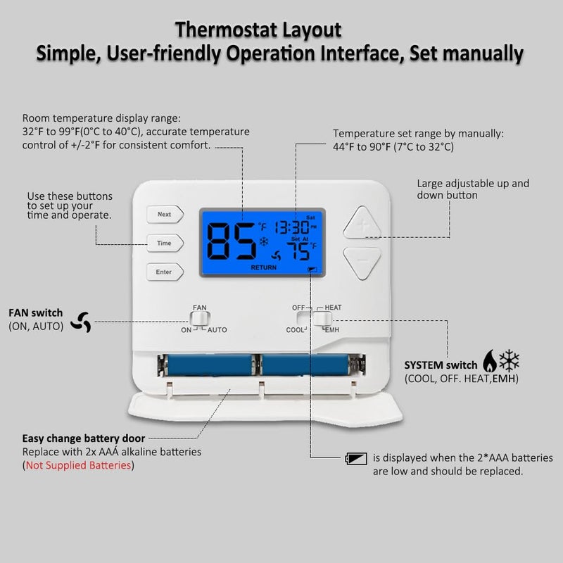 Miuputake Thermostat for Heat Pump,NonProgrammable Thermostat for Home, Conventional Single-Stage Systems,2 Heat/1 Cool Heat Pump Or 1 Heat/1 Cool, Easy DIY Install,Blue Backlight - Image 4