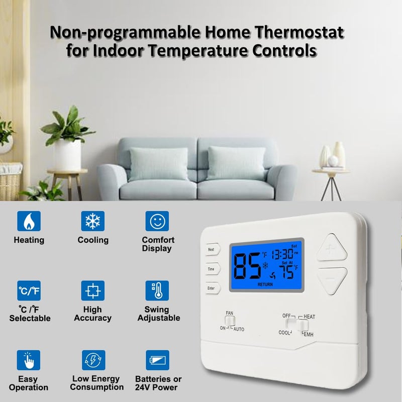 Miuputake Thermostat for Heat Pump,NonProgrammable Thermostat for Home, Conventional Single-Stage Systems,2 Heat/1 Cool Heat Pump Or 1 Heat/1 Cool, Easy DIY Install,Blue Backlight - Image 2