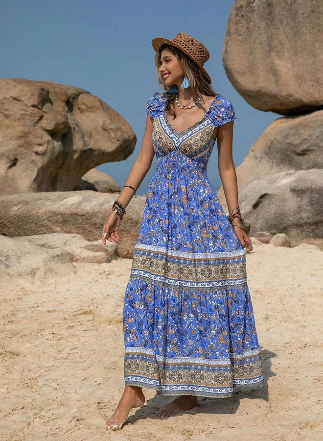 Take Two Take Two Printed V Neck Cap Sleeve Maxi Dress