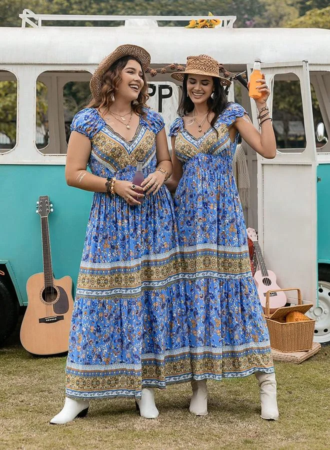 Take Two Take Two Printed V Neck Cap Sleeve Maxi Dress