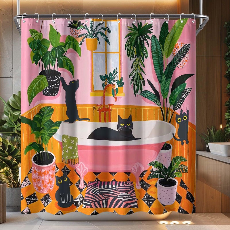 Fowocu Funny Cat Shower Curtain Boho Cute Fun Black Cats Matisse Shower Curtains for Bathroom Kitten Green Tropical Plant Leaves Pink Orange Yellow Waterproof Fabric Bath Curtain Decor 72 X 72 Inches - Image 1