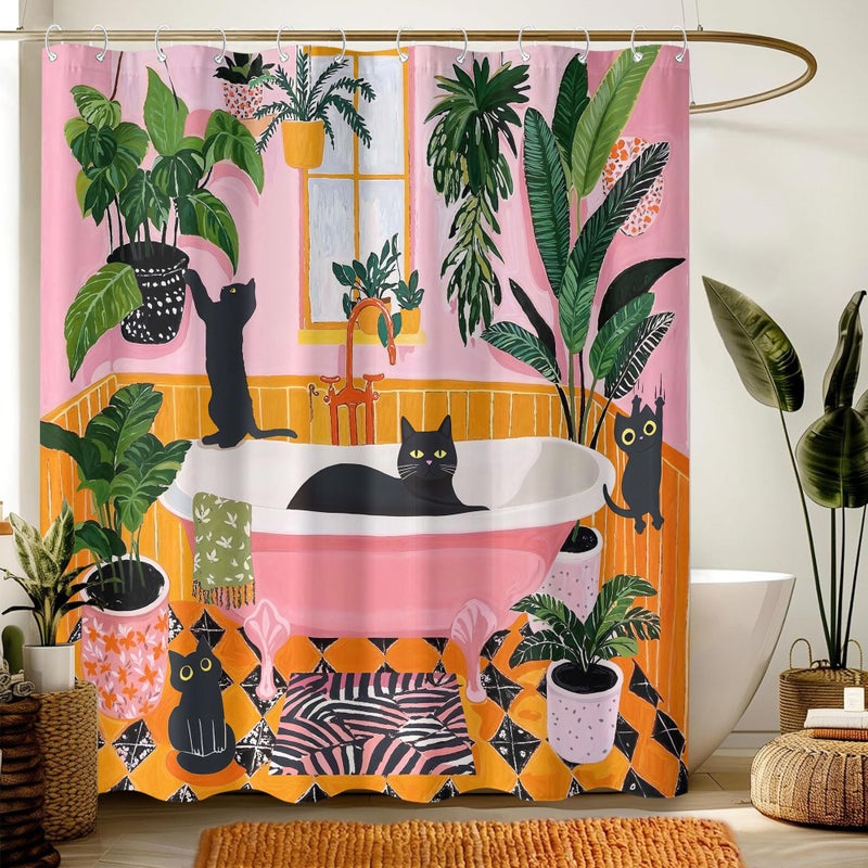 Fowocu Funny Cat Shower Curtain Boho Cute Fun Black Cats Matisse Shower Curtains for Bathroom Kitten Green Tropical Plant Leaves Pink Orange Yellow Waterproof Fabric Bath Curtain Decor 72 X 72 Inches - Image 3