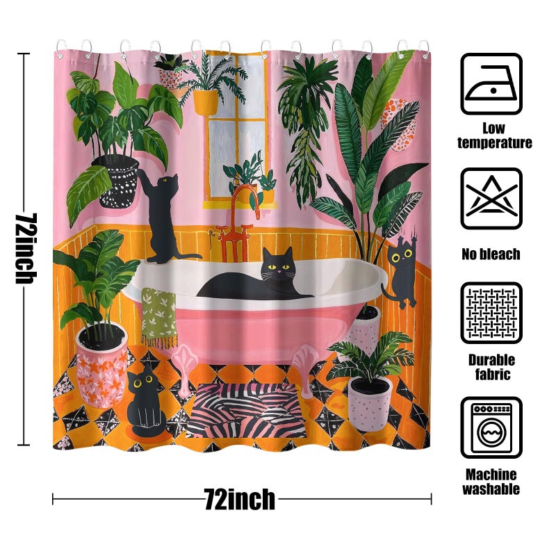 Fowocu Funny Cat Shower Curtain Boho Cute Fun Black Cats Matisse Shower Curtains for Bathroom Kitten Green Tropical Plant Leaves Pink Orange Yellow Waterproof Fabric Bath Curtain Decor 72 X 72 Inches - Image 2