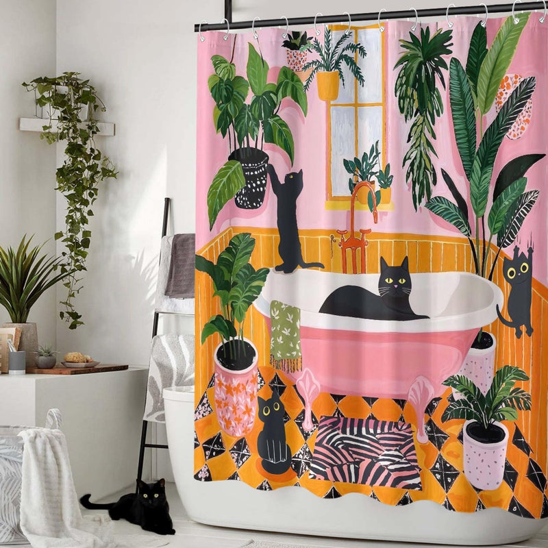 Fowocu Funny Cat Shower Curtain Boho Cute Fun Black Cats Matisse Shower Curtains for Bathroom Kitten Green Tropical Plant Leaves Pink Orange Yellow Waterproof Fabric Bath Curtain Decor 72 X 72 Inches - Image 4