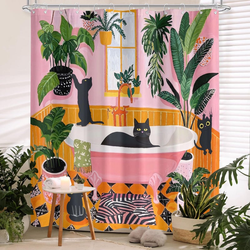 Fowocu Funny Cat Shower Curtain Boho Cute Fun Black Cats Matisse Shower Curtains for Bathroom Kitten Green Tropical Plant Leaves Pink Orange Yellow Waterproof Fabric Bath Curtain Decor 72 X 72 Inches - Image 5