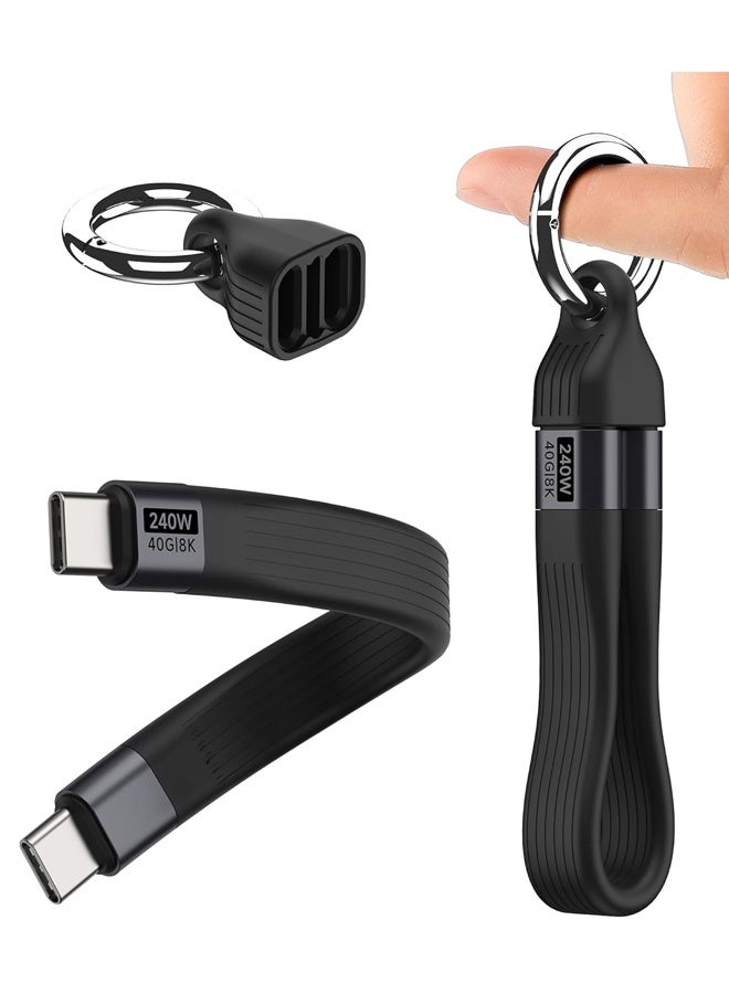 كابل USB قصير من النوع C، يدعم الشحن السريع PD بقدرة 240 واط، مزود بمشبك سلسلة مفاتيح، يدعم USB 4.0 بسرعة 40 جيجابت في الثانية، يدعم دقة 8K ومعدل تحديث 60 هرتز، متوافق مع أجهزة MacBook وAndroid Auto ووحدات التخزين الخارجية SSD من النوع C (أسود) - Image 1
