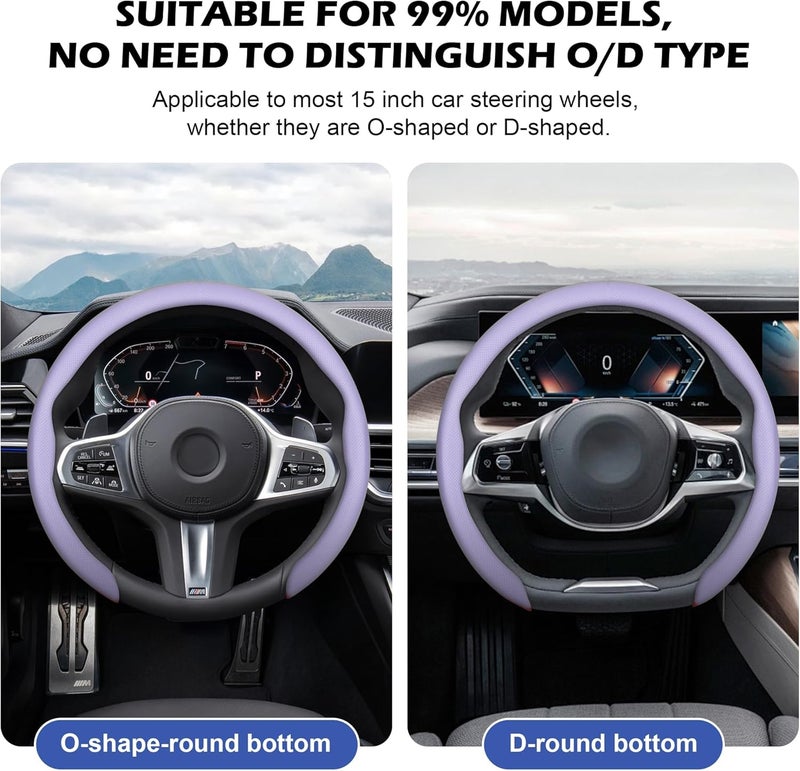 frani Leather Steering Wheel Cover, Universal 15 Inch Premium Non-Slip Steering Wheel Cover Light Purple - Image 3