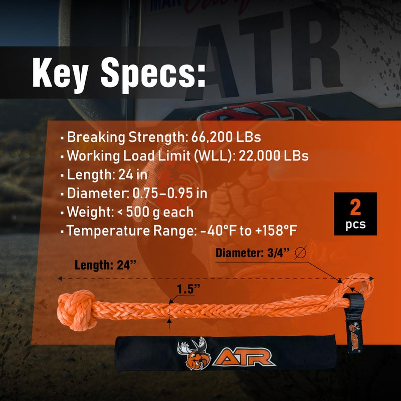 ATR Soft Shackles 3/4â€ x 24â€ (2 Pack, Orange) â€“ 66,200 lbs Synthetic Rope Recovery Shackles â€“ Heavy-Duty UHMWPE Tow Connectors for Off-Road 4x4, Jeep, Truck, ATV, UTV - Image 2