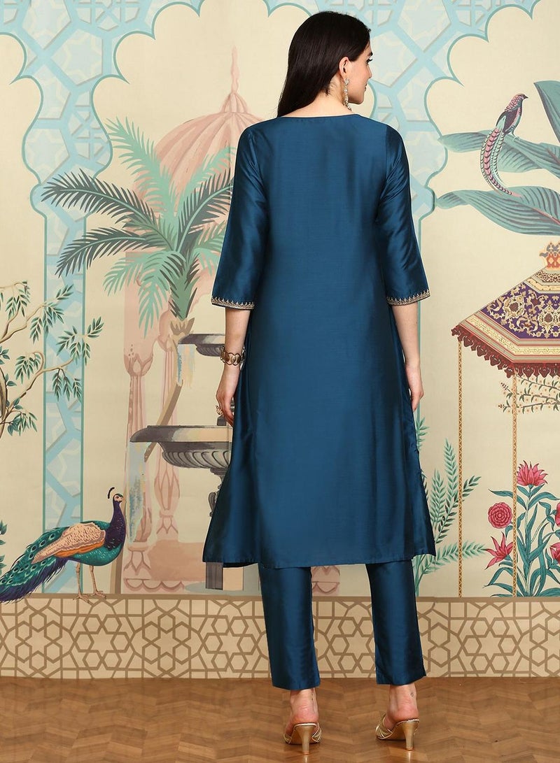 ISHIN Women's Navy Polyester Blend Embellished Tunic Full Length Casual Straight Fit Kurta Set  - Image 3