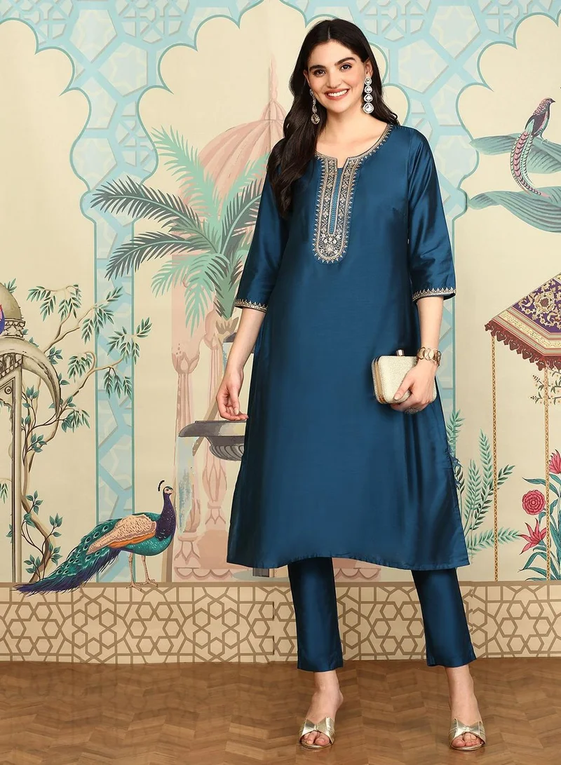 ISHIN Women's Navy Polyester Blend Embellished Tunic Full Length Casual Straight Fit Kurta Set