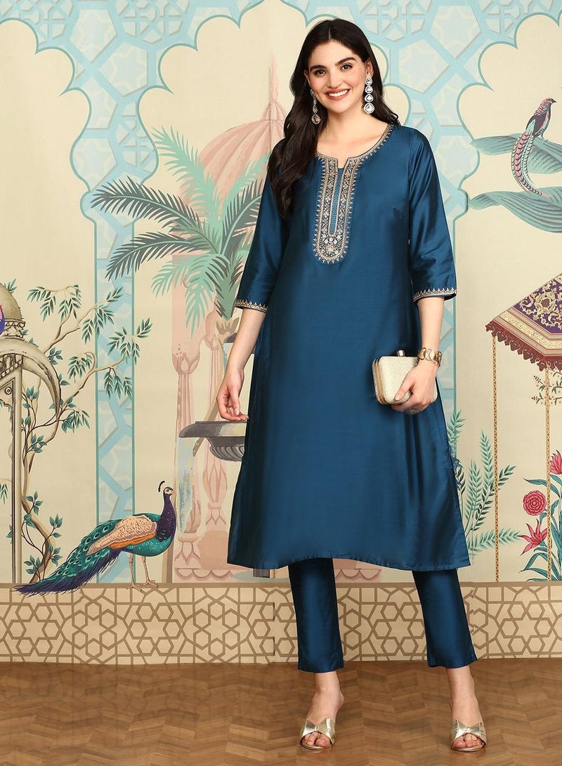 ISHIN Women's Navy Polyester Blend Embellished Tunic Full Length Casual Straight Fit Kurta Set  - Image 5