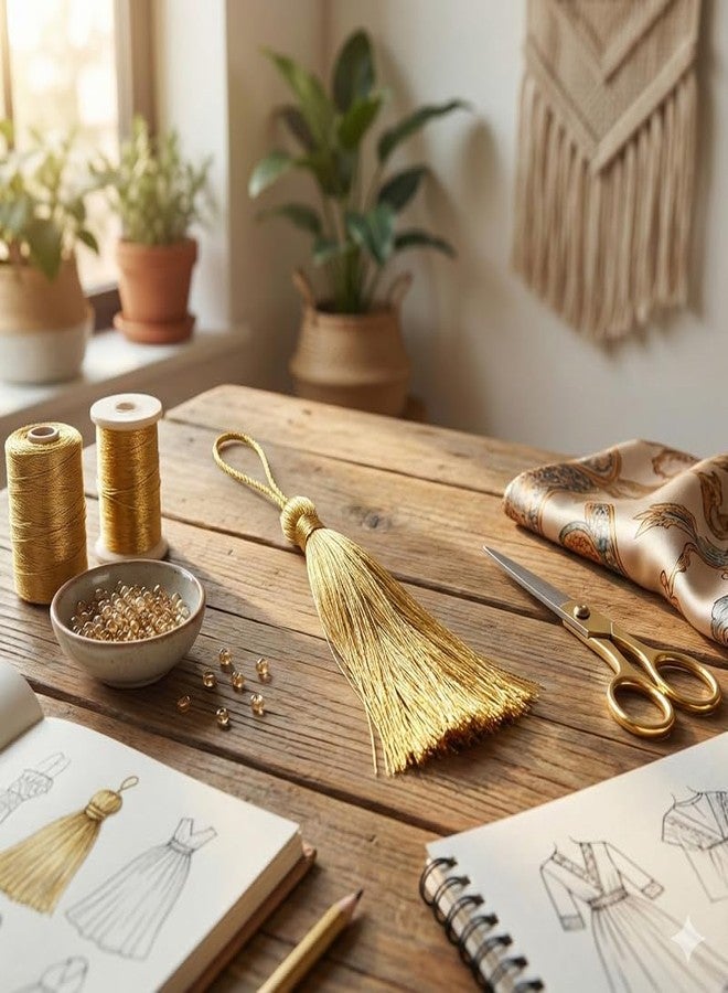 Srajan Handmade 3Inch Long Zari Tassels for DIY Wall Crafts, Home Dcor, Keychains, Outfits, and Bookmarks - Pack of 10, Decorative Tassels in Golden Colors, Durable & Handmade - Image 4
