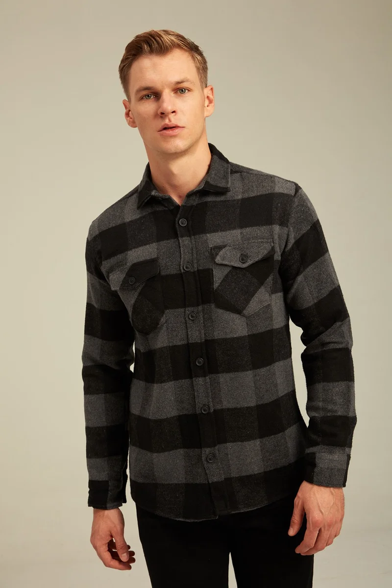 Cool Tarz Cool Style Anthracite Men's Slim Fit Button-down Collar Double Pocket Lumberjack Plaid Shirt