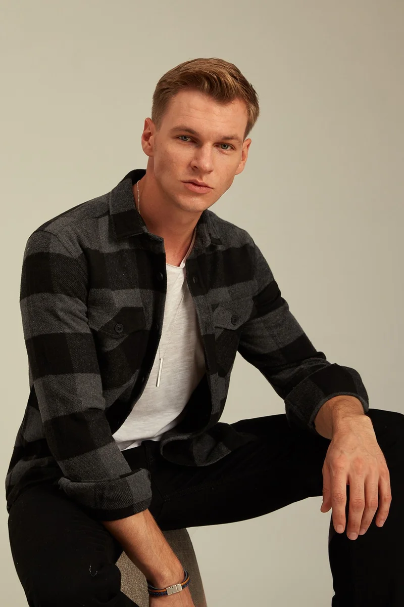 Cool Tarz Cool Style Anthracite Men's Slim Fit Button-down Collar Double Pocket Lumberjack Plaid Shirt