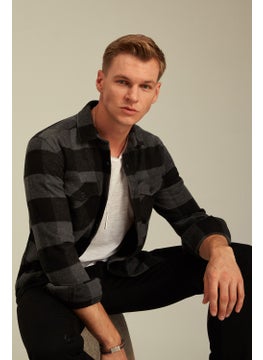 Cool Tarz Cool Style Anthracite Men's Slim Fit Button-down Collar Double Pocket Lumberjack Plaid Shirt  - Image 3
