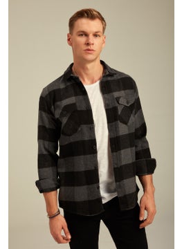 Cool Tarz Cool Style Anthracite Men's Slim Fit Button-down Collar Double Pocket Lumberjack Plaid Shirt  - Image 1