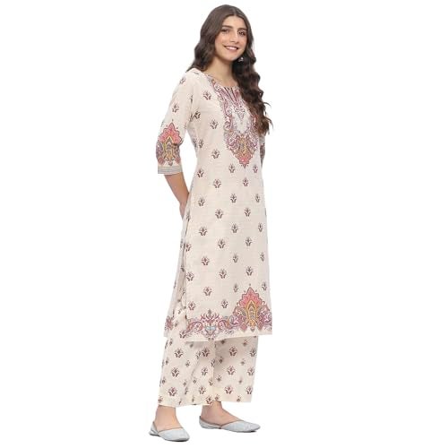 Biba Women's Beige Pure Cotton Printed Straight Kurta Sets_46 - Image 4