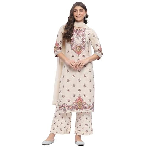 Biba Women's Beige Pure Cotton Printed Straight Kurta Sets_46 - Image 1