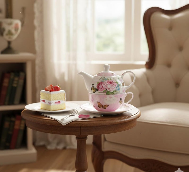ONEUSTAR Tea for One Set Ceramic Floral Teapot and Cup Saucer Set for Women Afternoon Tea Mother's Day Gift in Reusable Gift Box, Pink Rose Flower - Image 3
