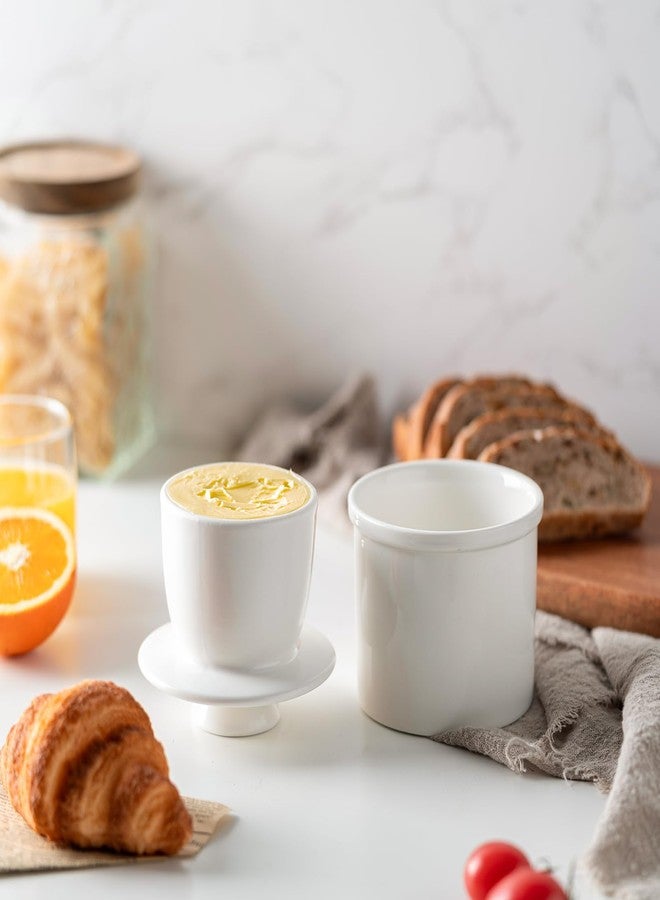 Husfunov Butter Crock with Water Line for Counter French Butter Dish with Lid Ceramic Butter Keeper for Fresh Spreadable Butter,White - Image 2