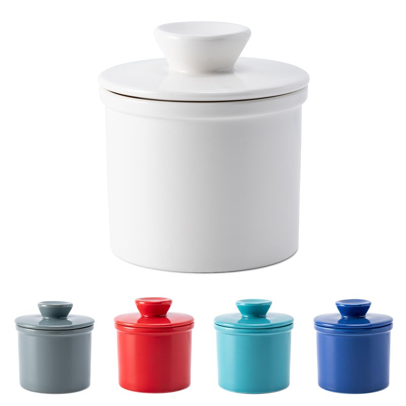 Husfunov Butter Crock with Water Line for Counter French Butter Dish with Lid Ceramic Butter Keeper for Fresh Spreadable Butter,White - Image 1