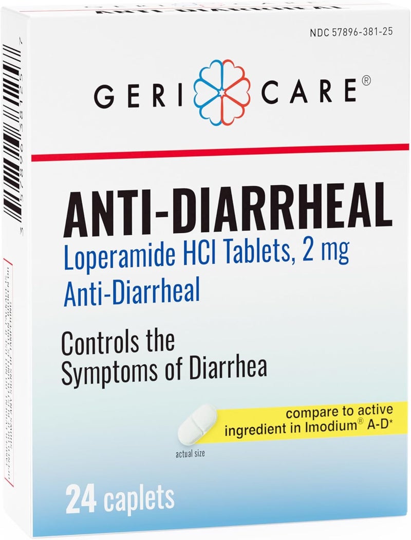 GeriCare AntiDiarrheal Loperamide HCI 2mg Controls Symptoms of Diarrhea Easy to Take Caplets Diarrhea and Stomach Relief 24 Count Pack of 1 - Image 1