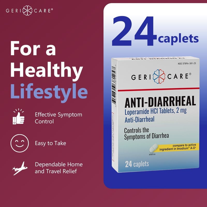 GeriCare AntiDiarrheal Loperamide HCI 2mg Controls Symptoms of Diarrhea Easy to Take Caplets Diarrhea and Stomach Relief 24 Count Pack of 1 - Image 2