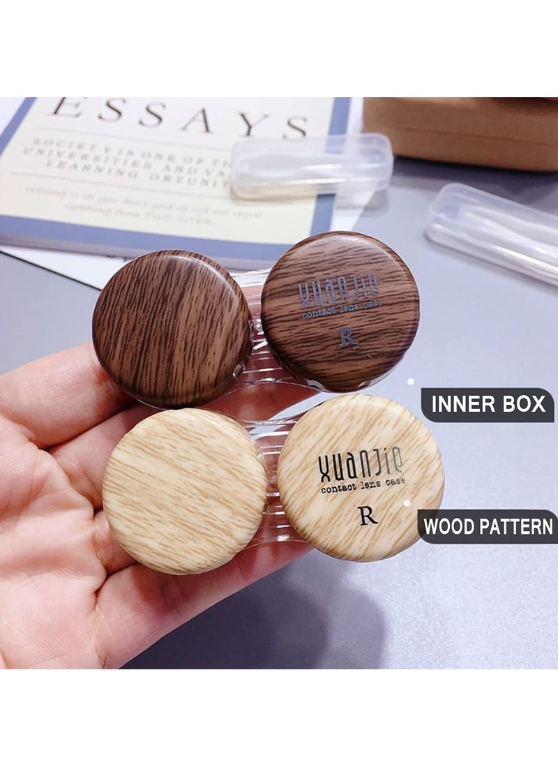 SYOSI Wood Grain Contact Lens Case Compact Eye Contact Case for Travelling Portable Contact Box with Mirror Rectangle，Cute Colorful Especially Fresh Brown 2 Piece Set  - Image 3