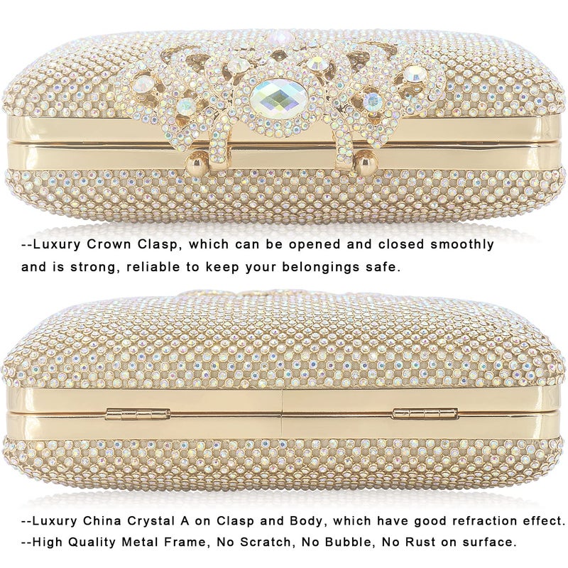 DEXMAY DM Dexmay Crystal Rhinestone Clutch Bag Diamond Crown Clasp Evening Bag Bling Party Purse Iridescent Gold Medium - Image 4