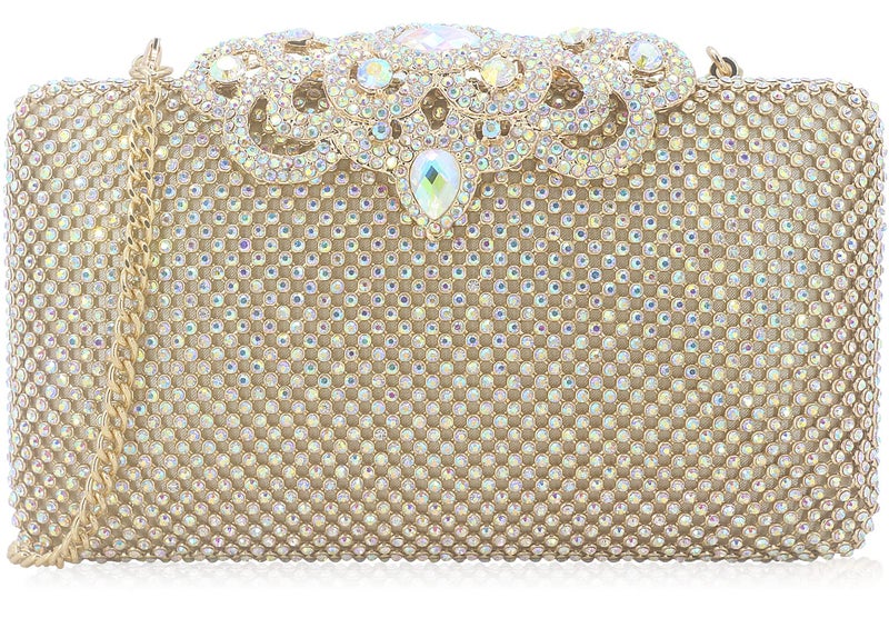 DEXMAY DM Dexmay Crystal Rhinestone Clutch Bag Diamond Crown Clasp Evening Bag Bling Party Purse Iridescent Gold Medium - Image 1