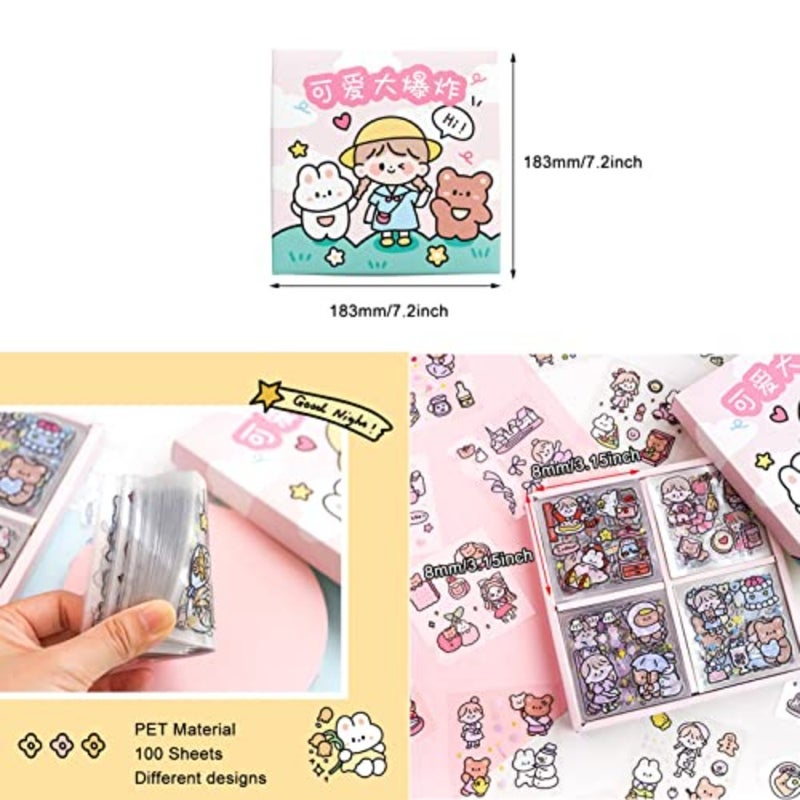 Stickers Set, 100 Sheets 600+ Small Pieces Cute PET Transparent Cartoon Character Animal Flower Decorative Scrapbook Sticker Decal for DIY Arts Crafts, Album, Planners, Calendars and Notebook - Image 3