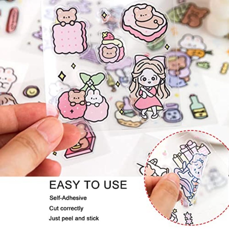 Stickers Set, 100 Sheets 600+ Small Pieces Cute PET Transparent Cartoon Character Animal Flower Decorative Scrapbook Sticker Decal for DIY Arts Crafts, Album, Planners, Calendars and Notebook - Image 4